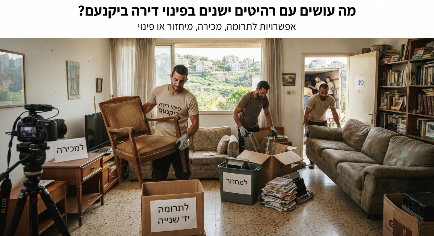 רהיטי עץ ישנים ומסודרים בדירה ביקנעם, המיועדים לפינוי, תרומה או מיחזור ירוק.