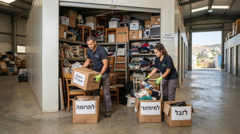 צוות מקצועי של חברת פינוי דירות מארגן ומפנה מחסן עמוס ביקנעם, עם ארגזים מסודרים ומדפים מאורגנים