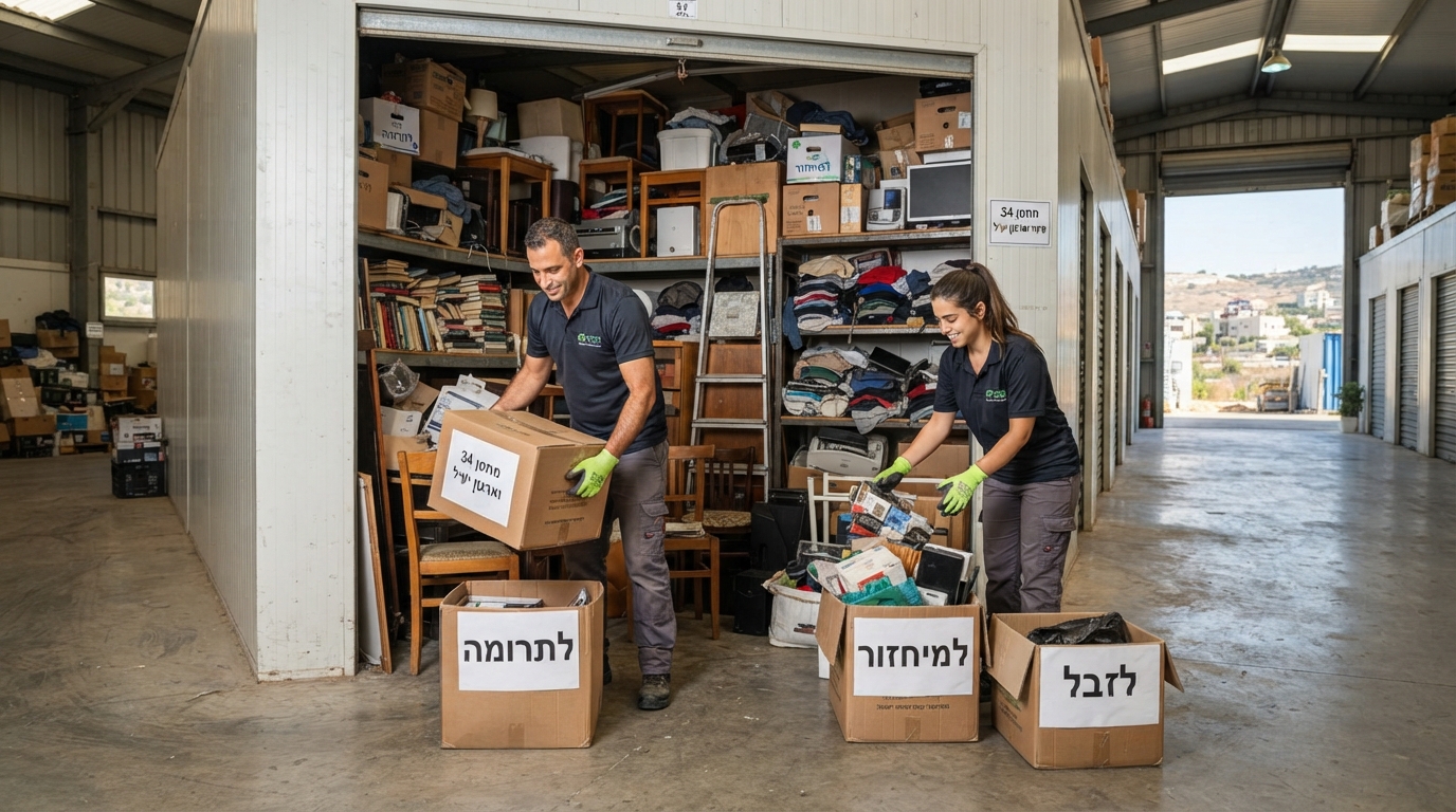 צוות מקצועי של חברת פינוי דירות מארגן ומפנה מחסן עמוס ביקנעם, עם ארגזים מסודרים ומדפים מאורגנים