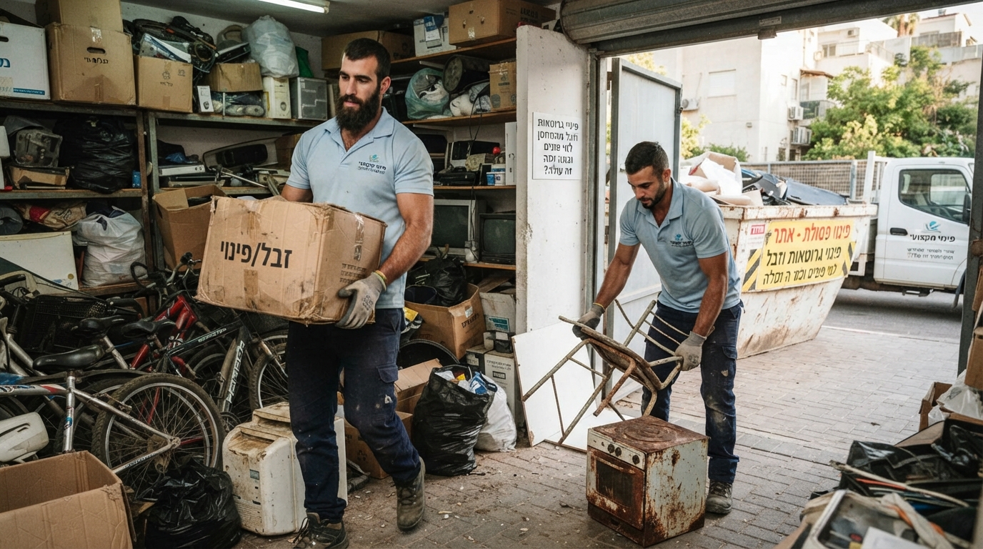 מחסן עמוס בארגזים, גרוטאות וחפצים ישנים שעובר תהליך של פינוי וסידור מחדש.