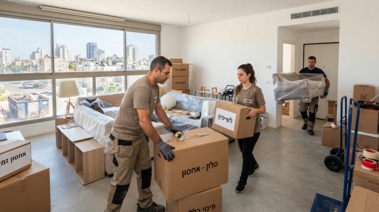 חלל של דירת מגורים בפתח תקווה בתהליך פינוי, אריזה והכנה לקראת עבודות שיפוץ, עם ארגזים מסודרים וחדר מתפנה.