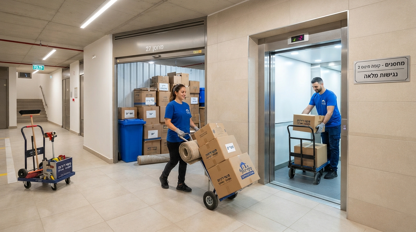 אנשי מקצוע מפנים ארגזים ותכולה ממחסן בבניין מגורים חדש ומודרני במודיעין, ליד מעלית רחבה.