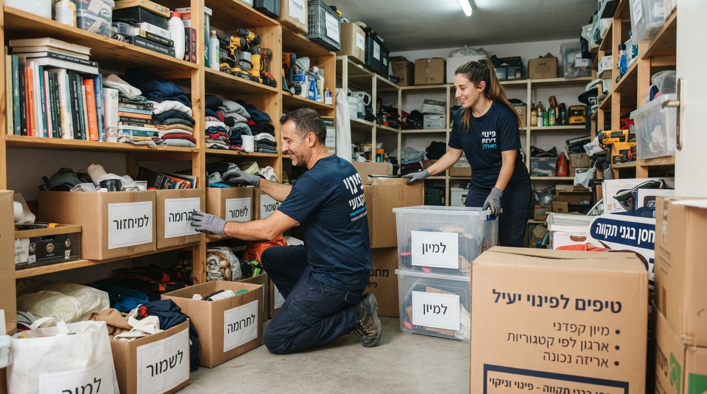 מחסן בתהליך פינוי וארגון מחדש, עם ארגזים מסודרים, מדפים נקיים וציוד שעובר מיון וסינון.