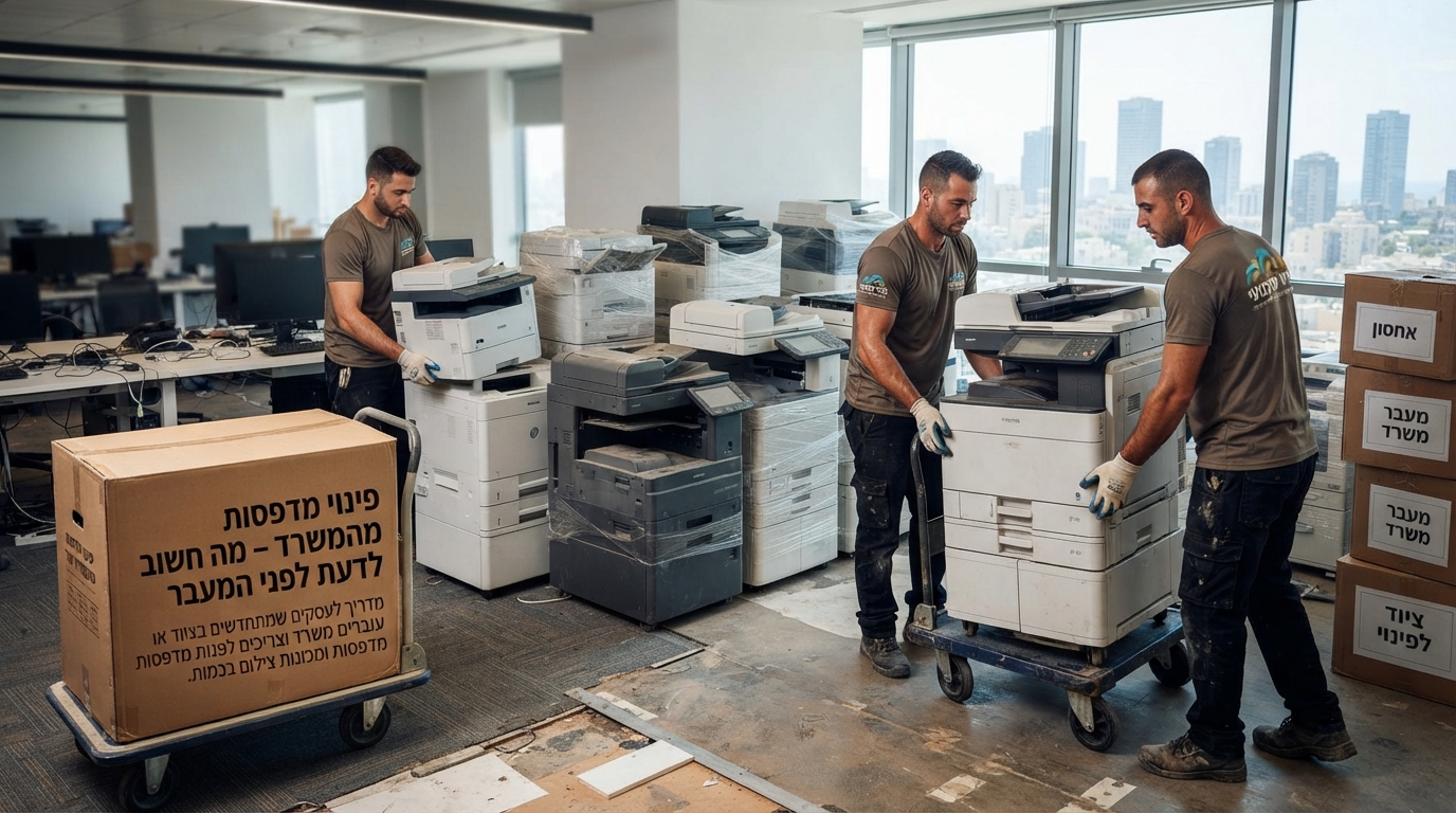 צוות מקצועי מפנה מדפסות ומכונות צילום משרדיות גדולות מתוך משרד מודרני במהלך מעבר משרד וחידוש ציוד.