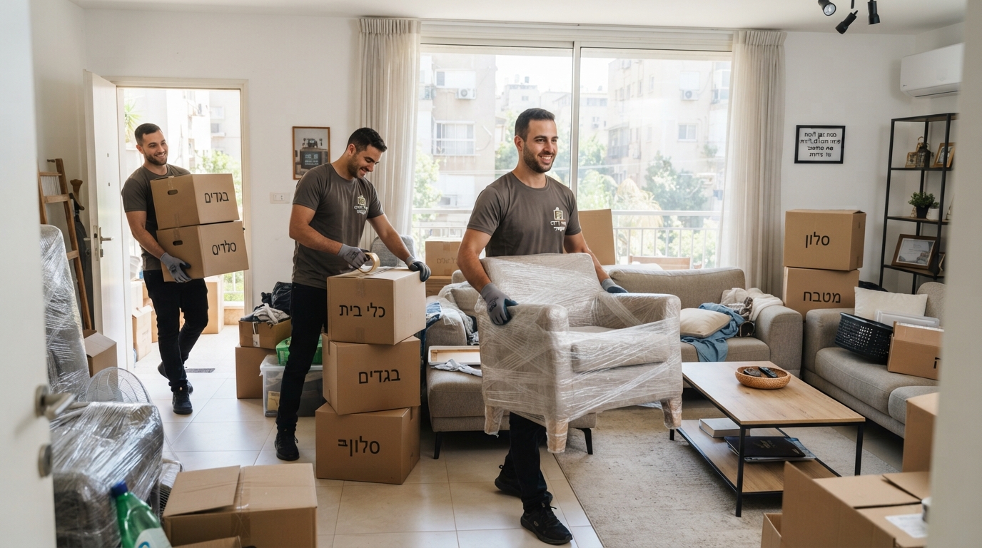 אנשי צוות של חברת פינוי דירות מקצועית מפנים במהירות וביעילות ארגזים ורהיטים מדירה עמוסה, כסמל לחיסכון בזמן פינוי תכולת דירה.