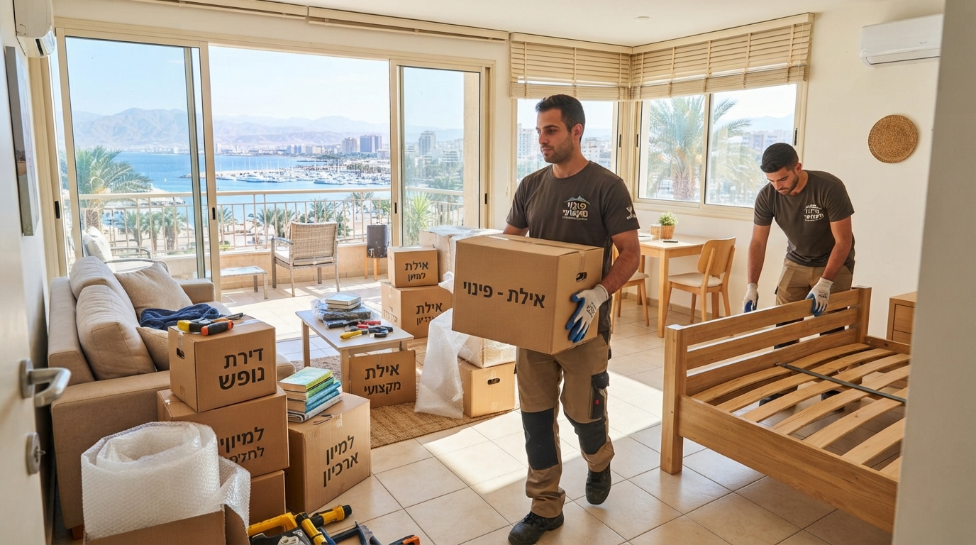 דירת נופש מעוצבת ומוארת באילת בתהליך פינוי ואריזה, עם ארגזים ונוף של דקלים וים הנשקף מהחלון.