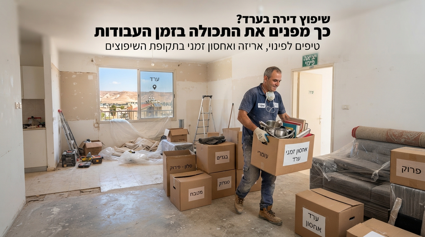 ארגזי קרטון ארוזים ומסודרים בתוך דירה בתהליך שיפוץ בערד, מוכנים לפינוי ואחסון זמני.