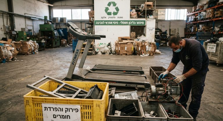 הליכון חשמלי ישן מפורק לחלקיו לצורך מיחזור סביבתי, כחלק מתהליך פינוי דירה אחראי.
