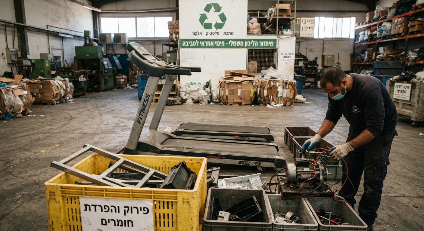 הליכון חשמלי ישן מפורק לחלקיו לצורך מיחזור סביבתי, כחלק מתהליך פינוי דירה אחראי.