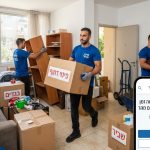 צוות מקצועי מפנה תכולת דירה במהירות וביעילות, ארגזים ארוזים וחלל נקי במהלך פרויקט של פינוי דירה דחוף.