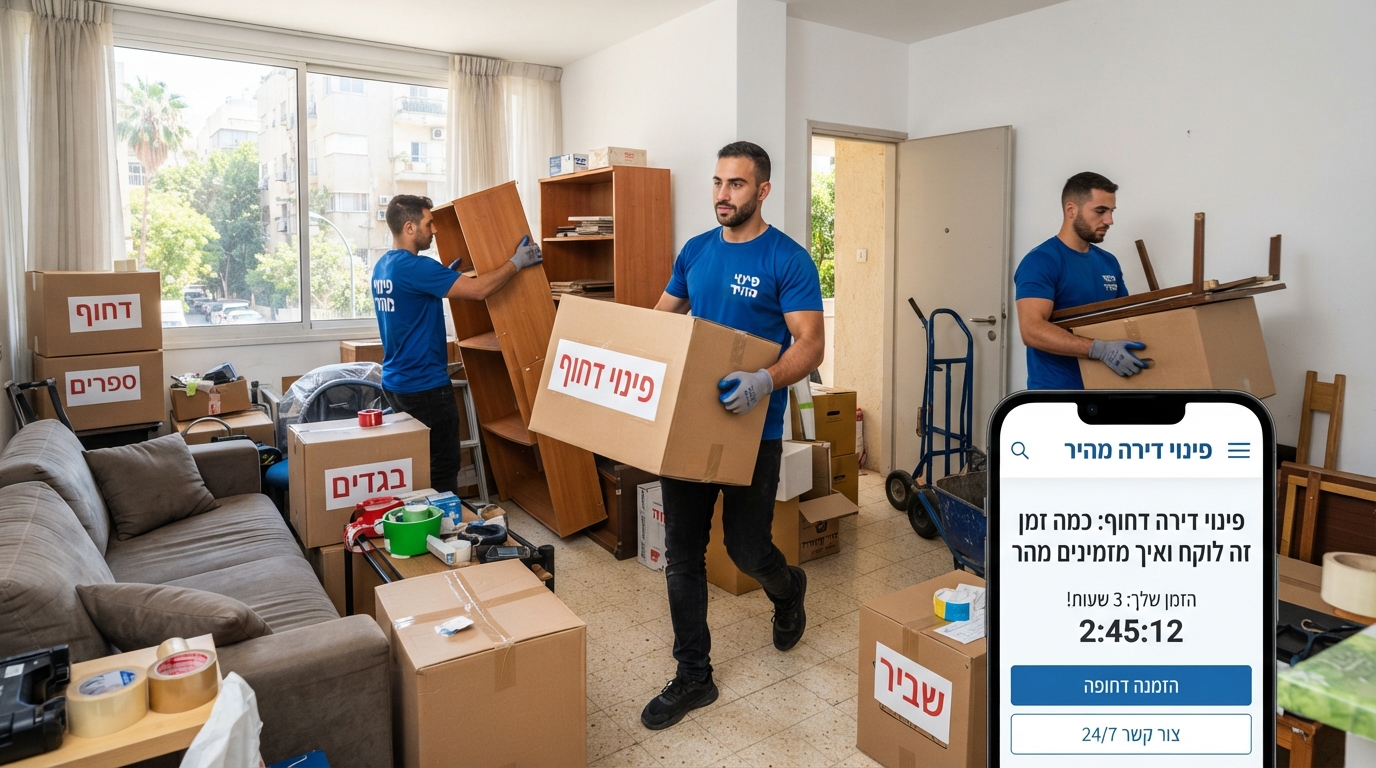 צוות מקצועי מפנה תכולת דירה במהירות וביעילות, ארגזים ארוזים וחלל נקי במהלך פרויקט של פינוי דירה דחוף.