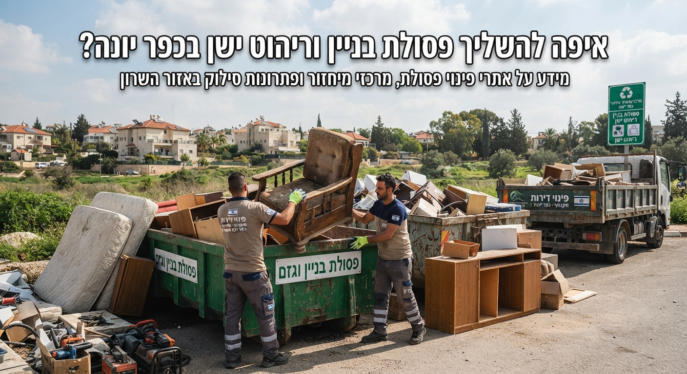 מכולה לפינוי פסולת בניין וריהוט ישן ביישוב כפר יונה שבאזור השרון, המייצגת פתרונות פינוי ומיחזור חוקיים.