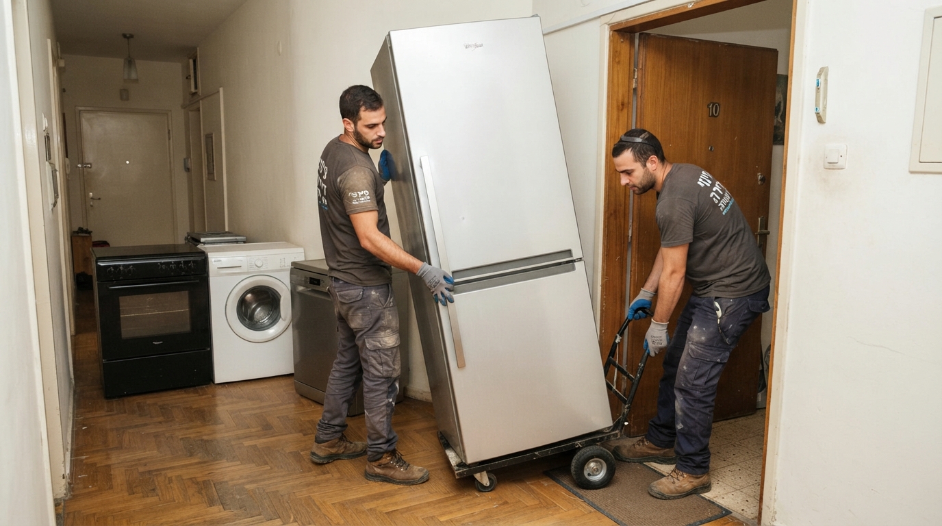 צוות מקצועי של חברת פינוי דירות מוביל בזהירות מקרר ומכונת כביסה גדולים מתוך דירה, כחלק מתהליך פינוי מכשירי חשמל כבדים.